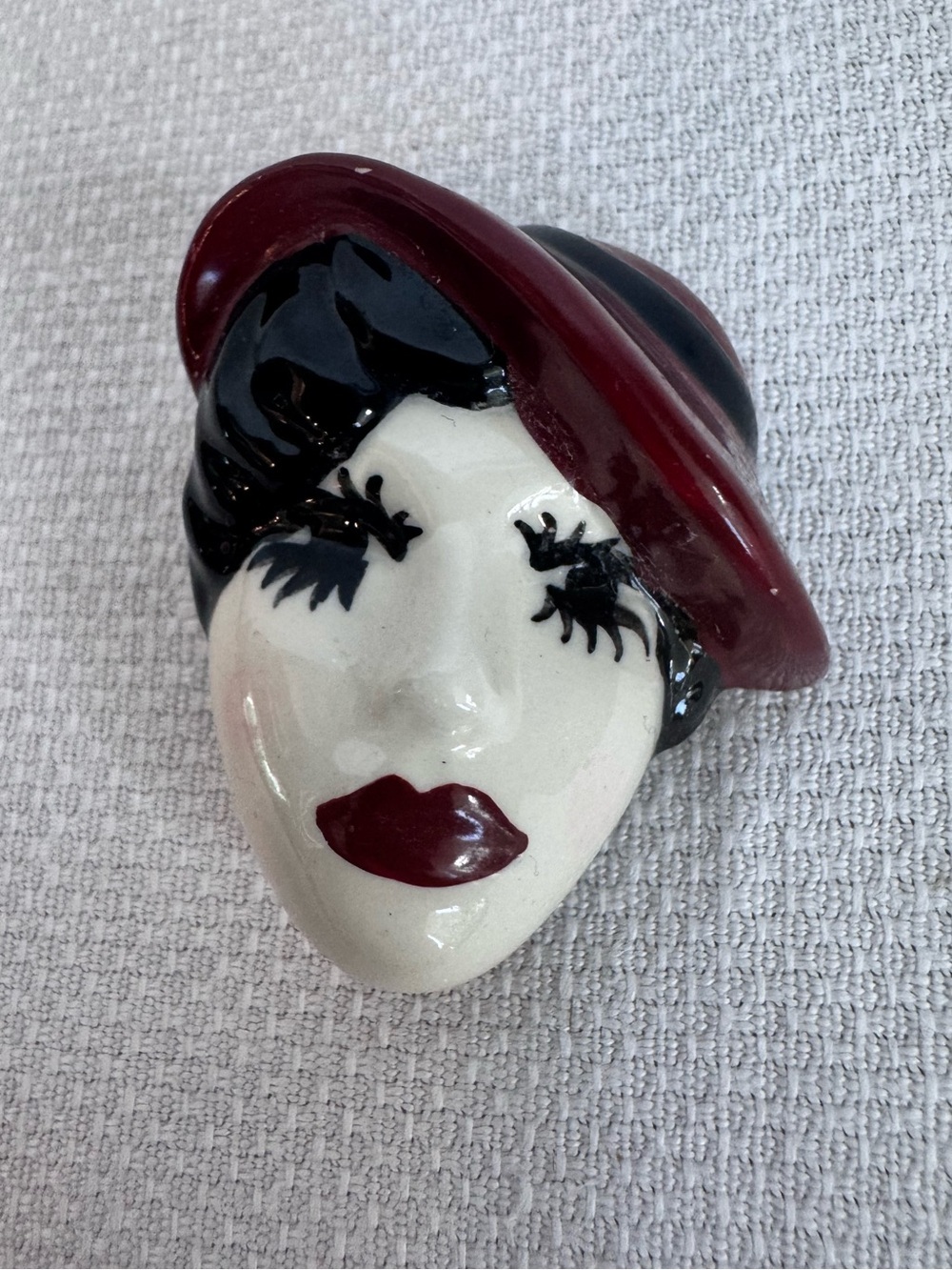 Vintage Ceramic hand-painted lady face brooch with Art Deco styling